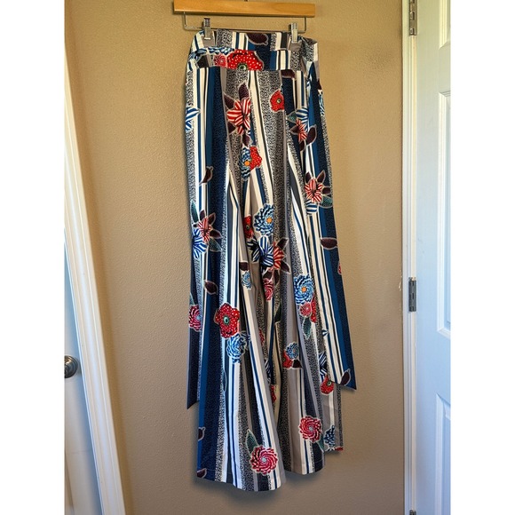 Gracia Wide Leg Palazzo Pants Floral Stripe‎ Blue Red Beige Medium - Picture 2 of 4